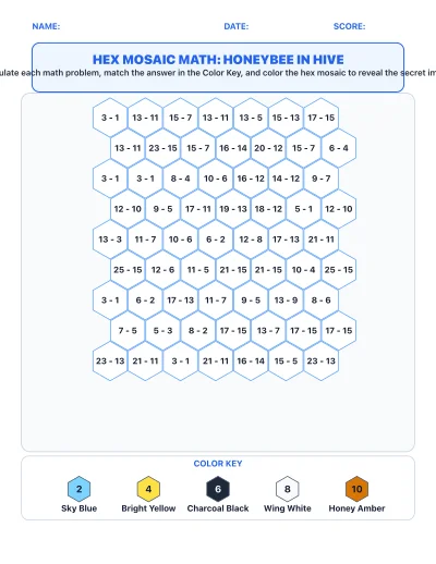 Hex Mosaic Math Color-by-Code