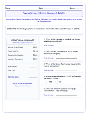 Vocational Skills: Receipt Math